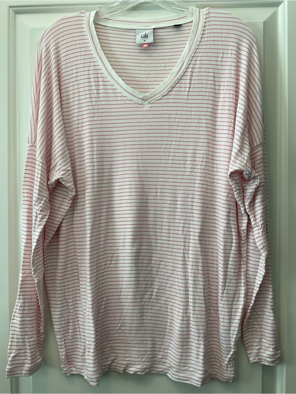 CAbi Serenity Tee Pink and White Striped V‑Neck Long Sleeve Top